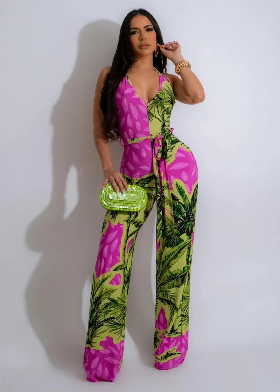 Pink Sleeveless Halter V Neck Printed Party Wide Leg Jumpsuit Dress