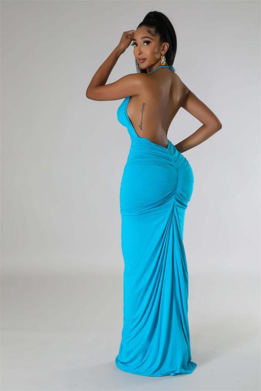 Blue Straps Low Cut Bodycon Women Party Pleated Prom Maxi Dress