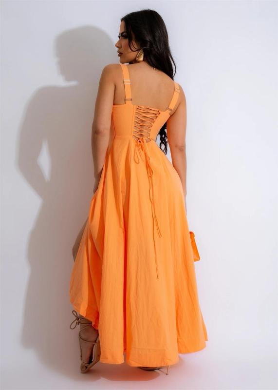 Orange Off Shoulder Straps Fashion Women Slit Pleated Skirt Maxi Dress