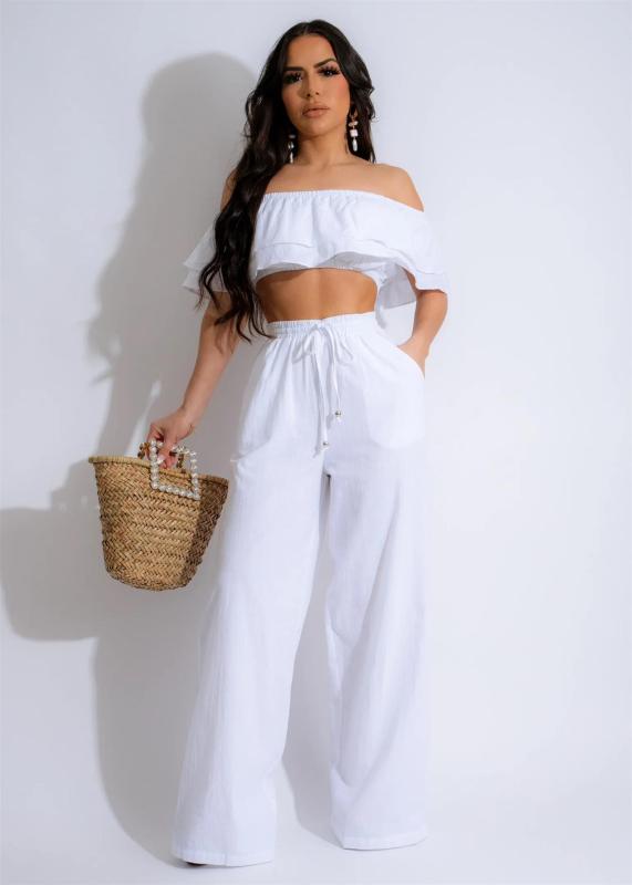 White Off Shoulder Ruffles Crop Top Pleated Two Pieces Pant Sets Dress