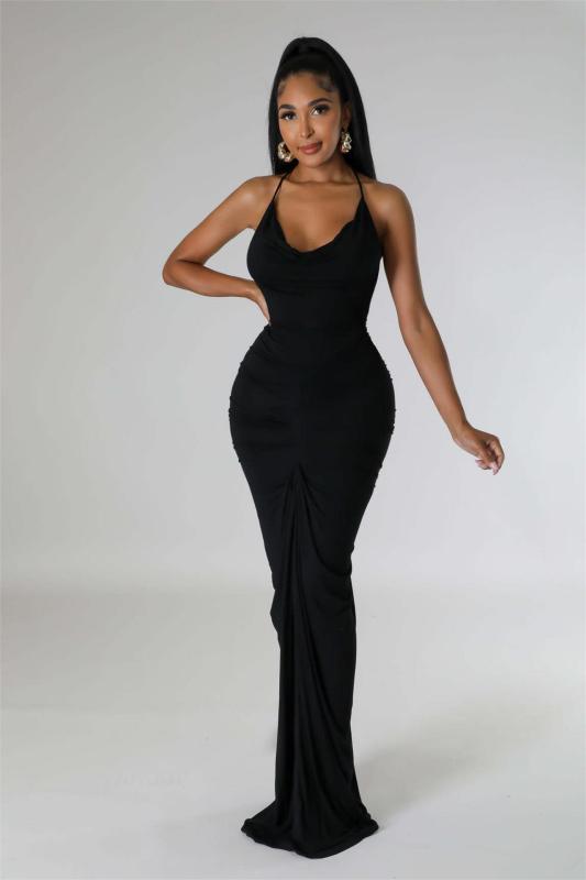 Black Straps Low Cut Bodycon Women Party Pleated Prom Maxi Dress