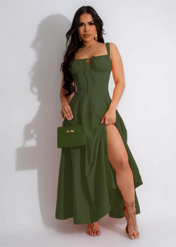 Green Off Shoulder Straps Fashion Women Slit Pleated Skirt Maxi Dress