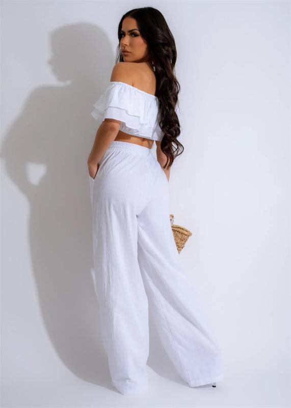 White Off Shoulder Ruffles Crop Top Pleated Two Pieces Pant Sets Dress