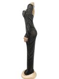 Black Mesh Long Sleeve Rhinestone Luxury Women Party Prom Maxi Dress