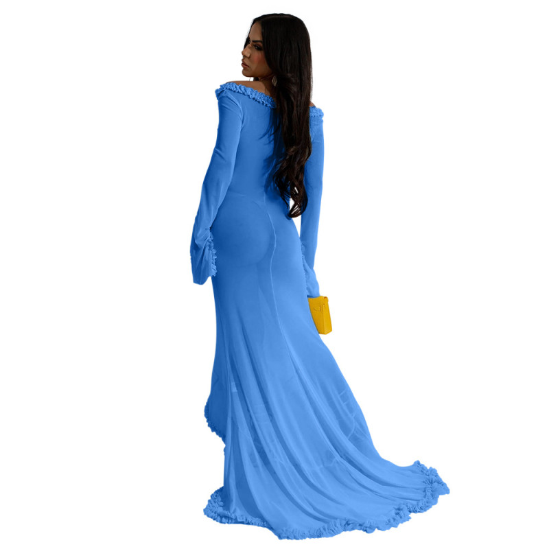 Blue Mesh Long Sleeve Ruffles Sexy See Through Women Party Maxi Dress