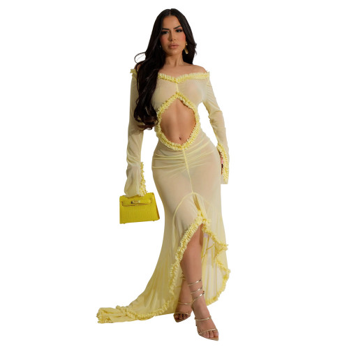 Yellow Mesh Long Sleeve Ruffles Sexy See Through Women Party Maxi Dress