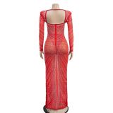 Red Mesh Long Sleeve Rhinestone Luxury Women Party Prom Maxi Dress