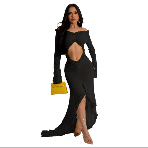 Black Mesh Long Sleeve Ruffles Sexy See Through Women Party Maxi Dress