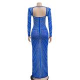 Blue Mesh Long Sleeve Rhinestone Luxury Women Party Prom Maxi Dress