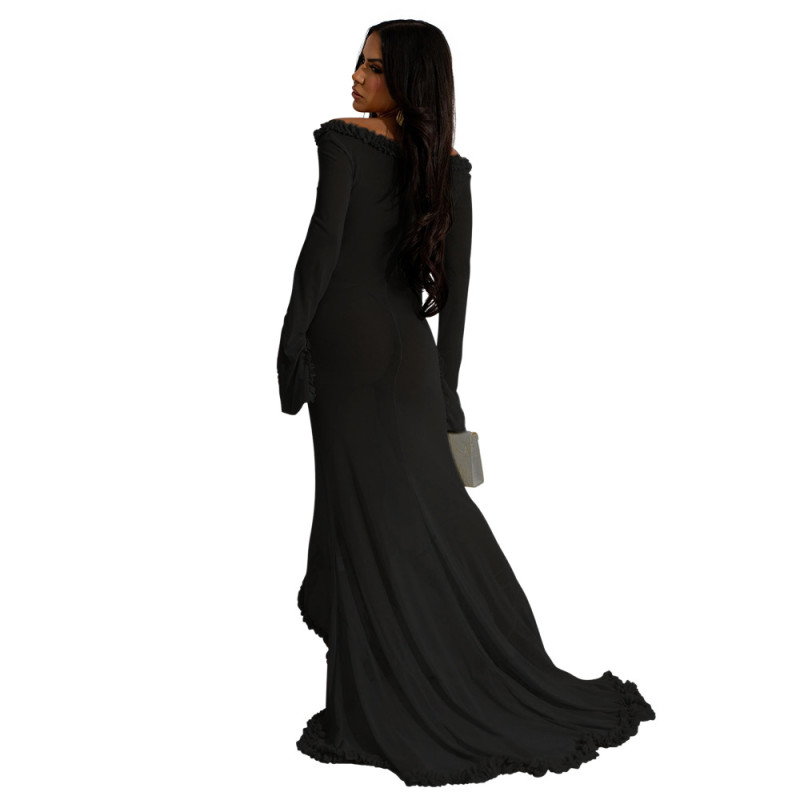 Black Mesh Long Sleeve Ruffles Sexy See Through Women Party Maxi Dress