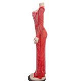 Red Mesh Long Sleeve Rhinestone Luxury Women Party Prom Maxi Dress
