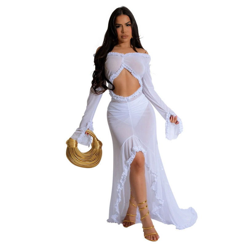 White Mesh Long Sleeve Ruffles Sexy See Through Women Party Maxi Dress