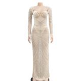 Beige Mesh Long Sleeve Rhinestone Luxury Women Party Prom Maxi Dress