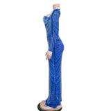 Blue Mesh Long Sleeve Rhinestone Luxury Women Party Prom Maxi Dress