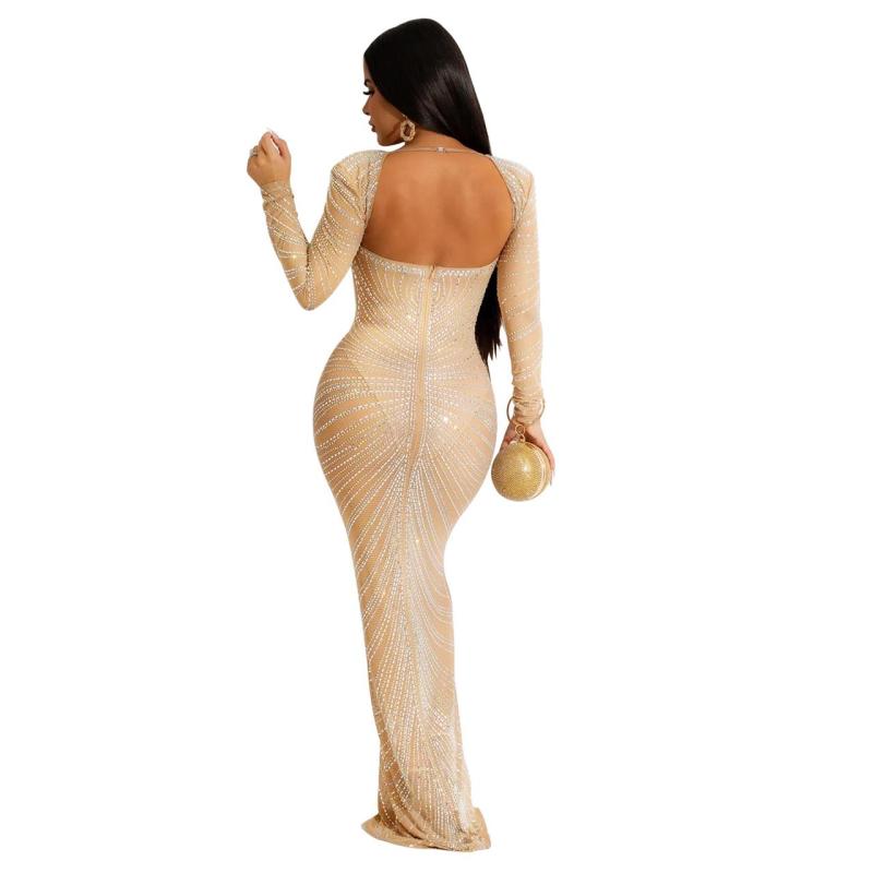 Beige Mesh Long Sleeve Rhinestone Luxury Women Party Prom Maxi Dress