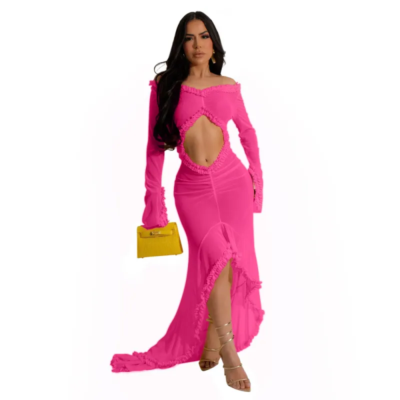 Rose Red Mesh Long Sleeve Ruffles Sexy See Through Women Party Maxi Dress