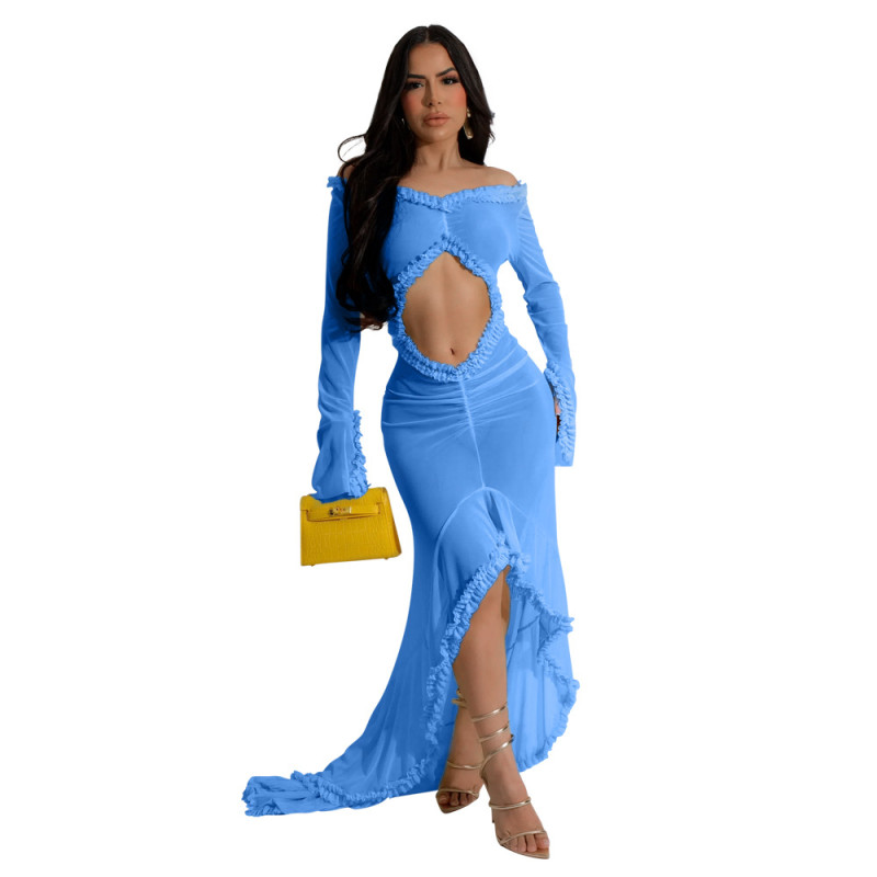 Blue Mesh Long Sleeve Ruffles Sexy See Through Women Party Maxi Dress
