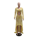 Yellow Mesh Long Sleeve Ruffles Sexy See Through Women Party Maxi Dress