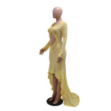 Yellow Mesh Long Sleeve Ruffles Sexy See Through Women Party Maxi Dress