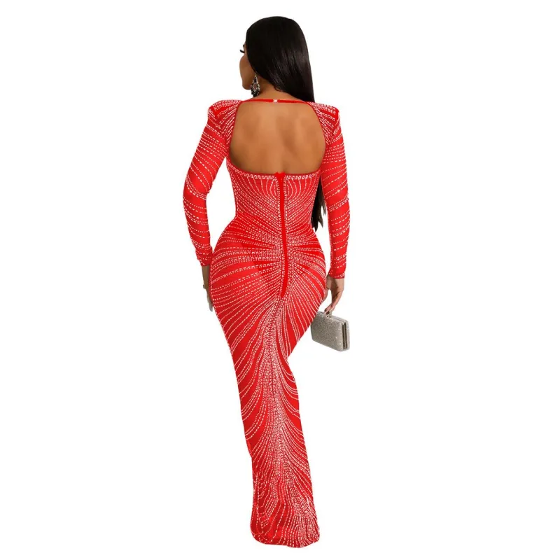 Red Mesh Long Sleeve Rhinestone Luxury Women Party Prom Maxi Dress