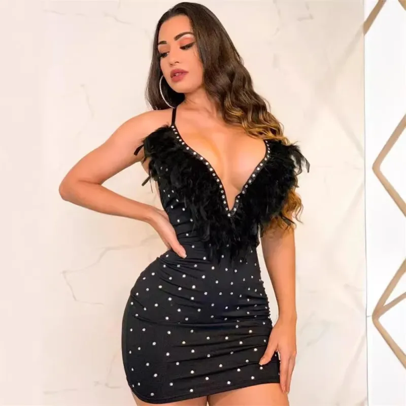 Black Straps Halter Feather Deep V Neck Rhinestone Sexy Party Dress