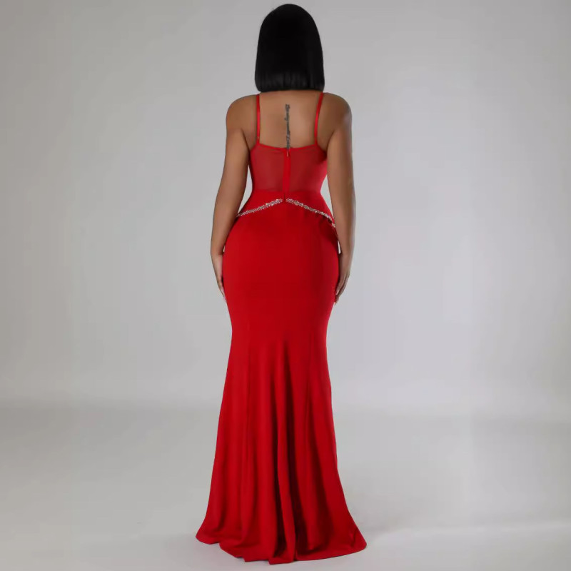 Red Halter V Neck Rhinestone Bodycon Ruffles Prom Women Maxi Dress