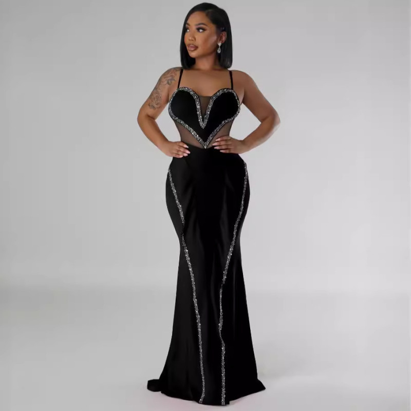 Black Halter V Neck Rhinestone Bodycon Ruffles Prom Women Maxi Dress