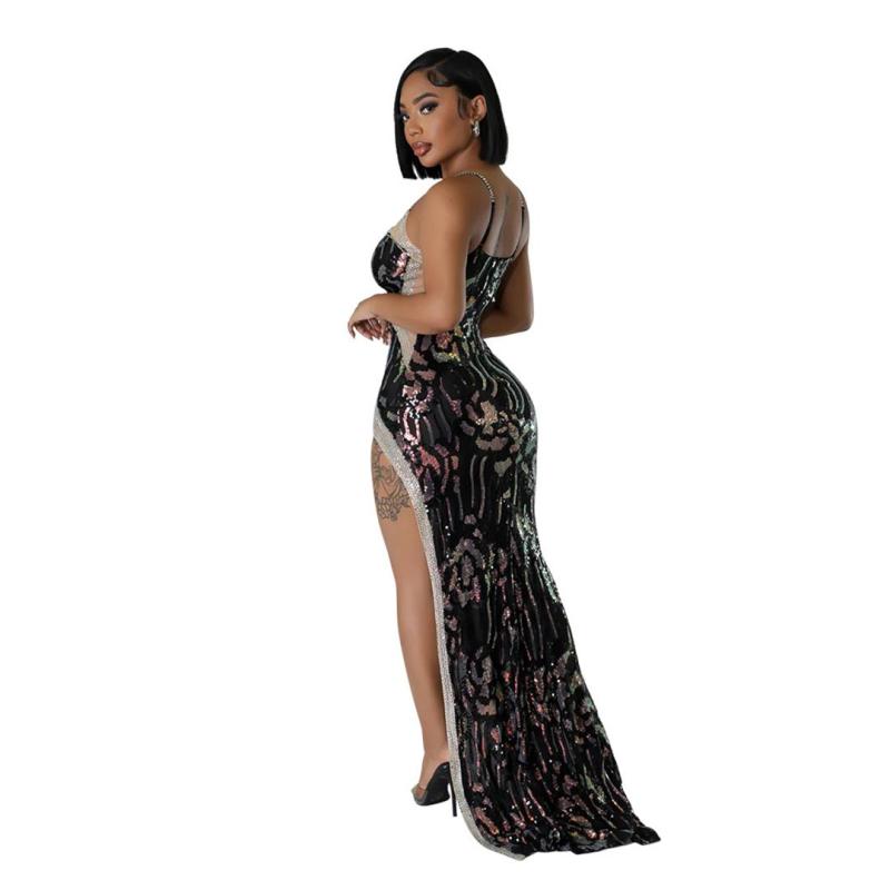Black Sleeveless Halter V Neck Sequins Elegant Diamonds Slit Prom Maxi Dress