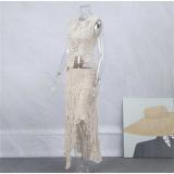Beige Sleeveless Hollow Out Chic Crochet O Neck Hollow Out Knitted Skirt Set