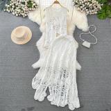 White Sleeveless Hollow Out Chic Crochet O Neck Hollow Out Knitted Skirt Set