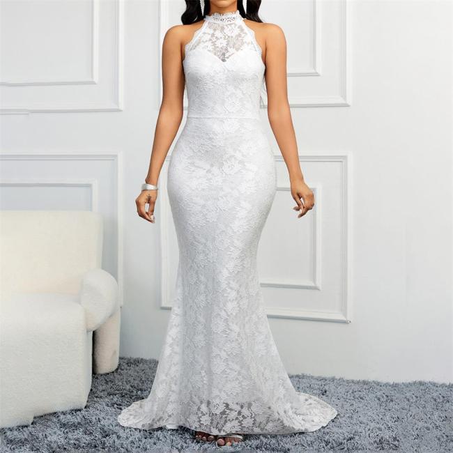 White Lace Sleeveless Embroidery Party Formal Women Long Dress Plus Size