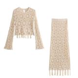 White White 2 Piece Set Vintage O-Neck Long Sleeve Knitting Elegant Skirt Sets