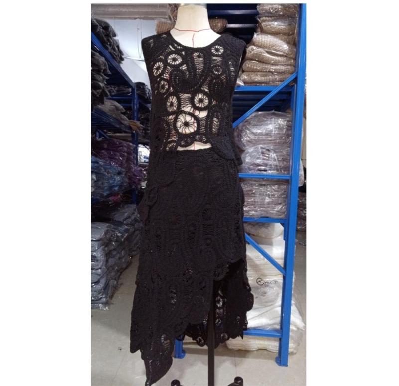Black Sleeveless Hollow Out Chic Crochet O Neck Hollow Out Knitted Skirt Set