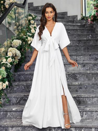 Short Sleeve Deep V Neck Elegant White Women Summer Prom Maxi Dress