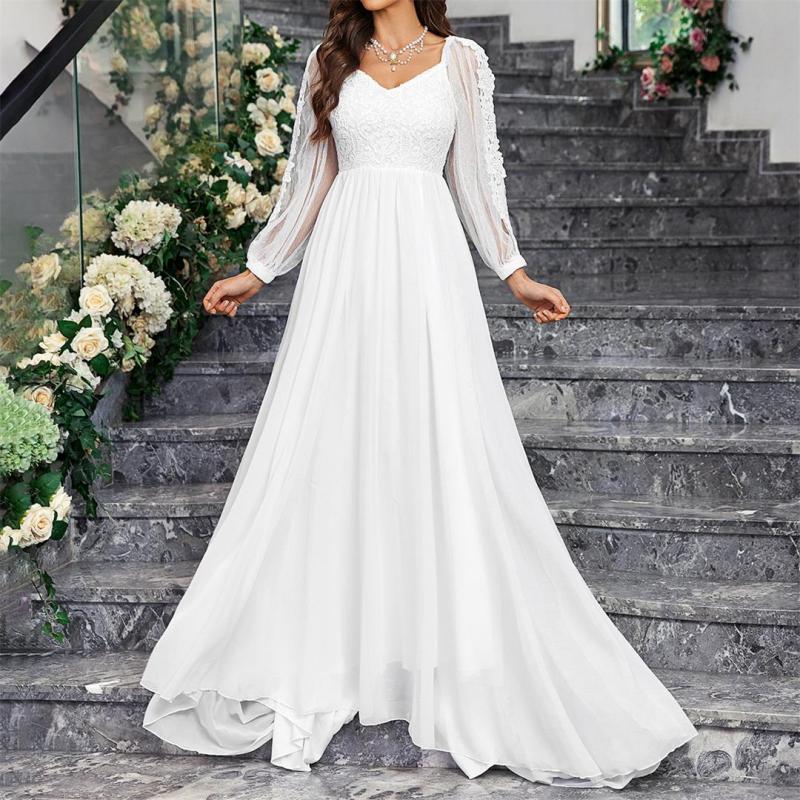 White Lace Long Sleeve V Neck Fashion Party Wedding Chiffon Maxi Dress
