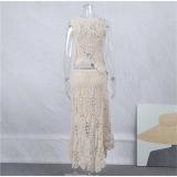 Beige Sleeveless Hollow Out Chic Crochet O Neck Hollow Out Knitted Skirt Set