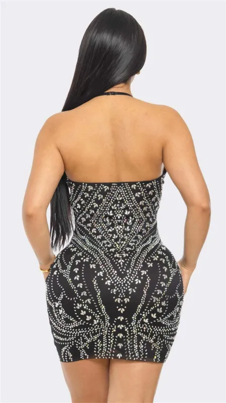 Black Halter Low Cut V Neck Bodycon Women Party Mini Dress