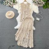 Beige Sleeveless Hollow Out Chic Crochet O Neck Hollow Out Knitted Skirt Set