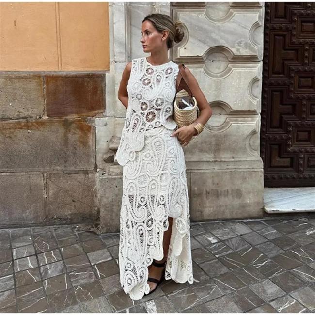 White Sleeveless Hollow Out Chic Crochet O Neck Hollow Out Knitted Skirt Set