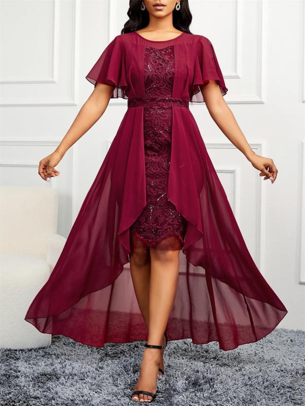 Red Short Sleeve Lace Hollow Out Chiffon Women Mesh Skirt Dress Plus Size
