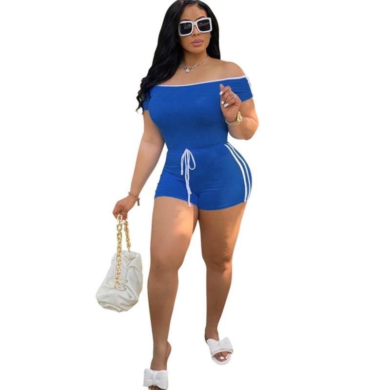 Blue Short Sleeve Low Cut Women Bodycon Summer Sexy Rompers