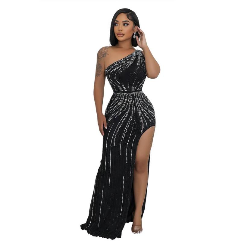 Black Elegant Women Sleeveless Diamonds Party Prom Gowns Maxi Dress