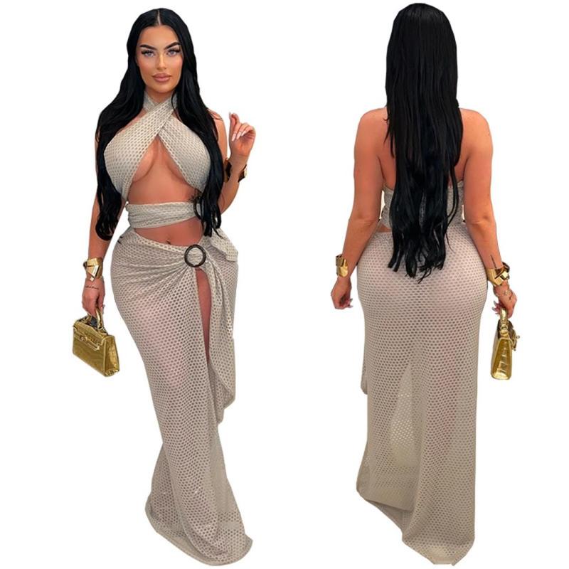 Gray Sleeveless Hollow Out Sexy Bandage Women Slit Party Long Dress