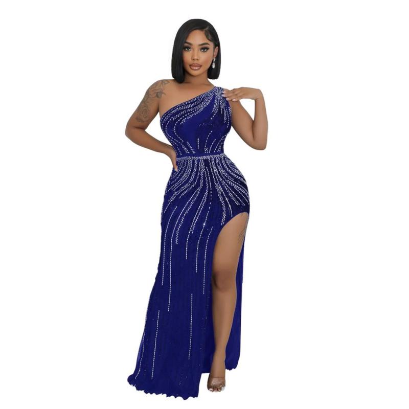Blue Elegant Women Sleeveless Diamonds Party Prom Gowns Maxi Dress