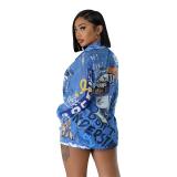 Blue Fashion Printed Two-piece Long-Sleeved Shirt Top With Shorts For Women