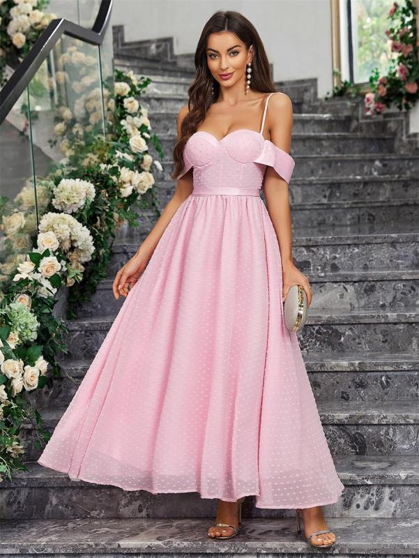 Pink Straps Low Cut Women Mesh Wedding Party Formal Maxi Skirt Dress