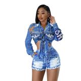 Blue Fashion Printed Two-piece Long-Sleeved Shirt Top With Shorts For Women