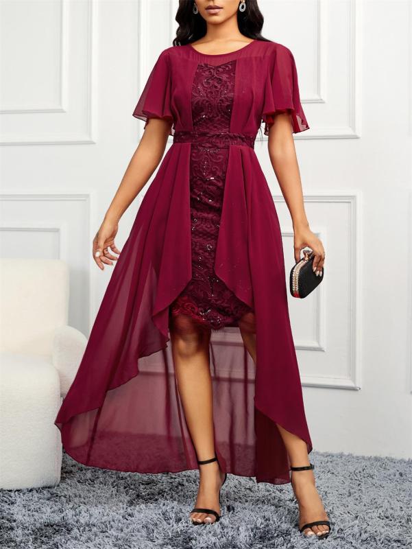 Red Short Sleeve Lace Hollow Out Chiffon Women Mesh Skirt Dress Plus Size