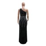 Black Elegant Women Sleeveless Diamonds Party Prom Gowns Maxi Dress