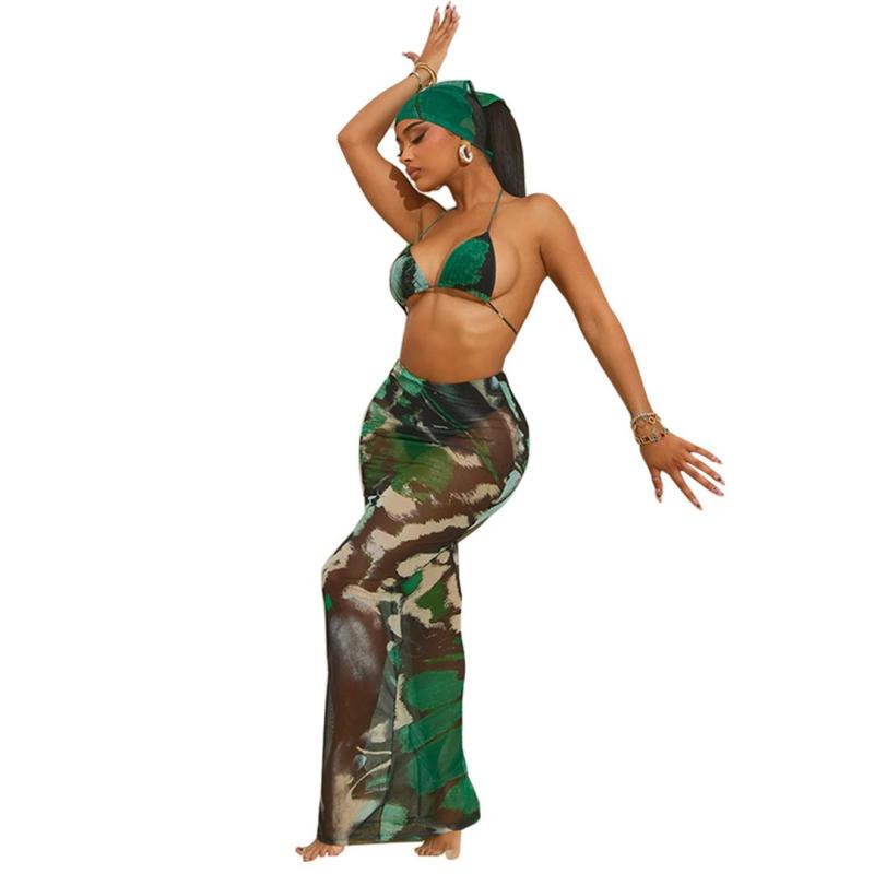 Green Summer Fashion Printed Two-Piece Sexy Lingerie Set With Long Skirt Sets
